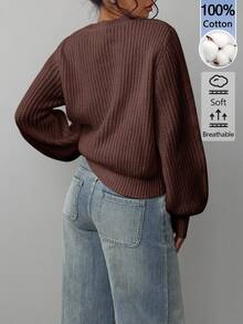 SHEIN BASICS 女款純色圓領長袖休閒寬鬆百搭針織衫 - 咖啡棕 - 查看 2
