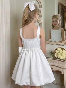 Tween Girl Gentle Bow Decor Dress For Wedding Flower Girl - White - View 2