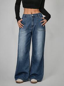 Rivivi Plus Size Women's Straight Leg Loose Casual Versatile Denim Jeans With Pockets - Blue - View 4