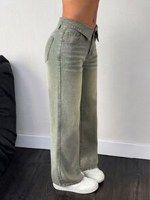 Rivivi Petite Women's Fashion Folded Waist Button Pocket Loose Denim Jeans - Green - View 4