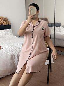 Napfluff CURVE Napfluff CURVE Heart Print Collared Short Sleeve Plus Size Nightgown - Pink - View 6