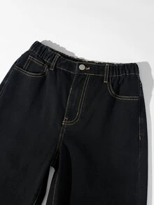 SHEIN Teen Girls Y2K Tea Color Contrast Stitching Black Gray Washed Loose Straight Leg Wide Leg Denim Jeans, Back To School Casual Street Style Denim Pants - Black - View 6