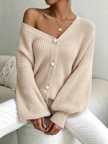 Sprig & Strand Women's Gentle Faux Pearl Button Knit Cardigan - Beige - View 6