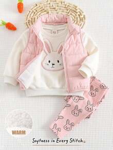 Cozy Pixies 3件組女嬰休閒舒適百搭可愛兔子刺繡圓領加厚抓絨棉背心外套附鬆緊腰長褲套裝，秋冬可愛滑雪、外出、日常、玩耍、假日穿搭 - 彩色 - 查看 1