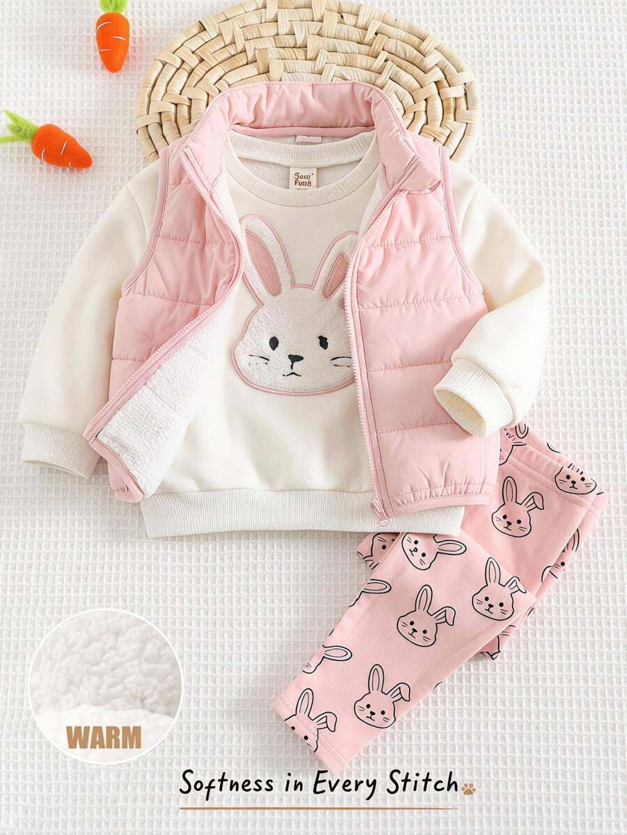 Cozy Pixies 3件組女嬰休閒舒適百搭可愛兔子刺繡圓領加厚抓絨棉背心外套附鬆緊腰長褲套裝,秋冬可愛滑雪、外出、日常、玩耍、假日穿搭 - 彩色 - 查看 1