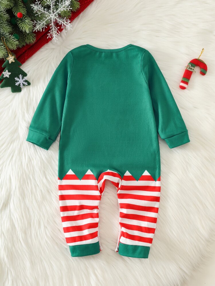 SHEIN Baby Boy Baby Girl Autumn/Winter Knitted Soft Round Neck Long Sleeve Jumpsuit Versatile Comfortable Green And Red Striped Christmas Outfit - Multicolor - View 2