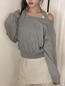 DAZY Women's Grey Asymmetrical Shoulder Studded Strap Loose Batwing Sleeve Cropped Casual Personalized Sweatshirt - Grey - View 2