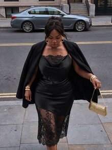 Firerie Plus Size Solid Color Sexy Lace Patchwork Spaghetti Strap Waist-Cinched Dress - Black - View 3