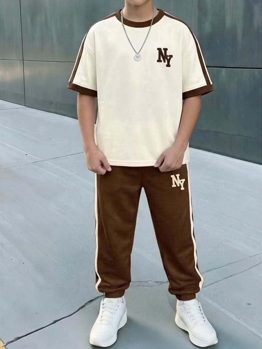 Tween Boy Casual Comfortable Fashion Minimalist Crew Neck Short Sleeve T-Shirt And Long Pants Set - White - View 1