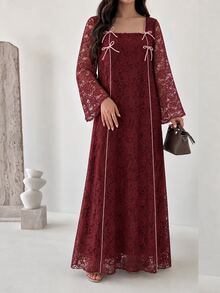 Al Najma Women Spring Fall Elegant Wine Red Lace Square Neck Flare Sleeve Pink Bow Decor Loose Dress Modest Outfit For Banquet And Visiting - Burgundy - View 7