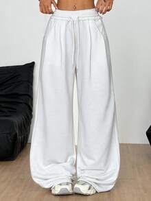 Coolane Plus Size Casual Drawstring Waist Pocket Loose Pants - White - View 6