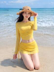 Livesso Set Bikini Halter Warna Polos Wanita dengan Penutup Lengan Panjang dan Rok, Perlindungan Matahari Musim Panas - Kuning - View 1