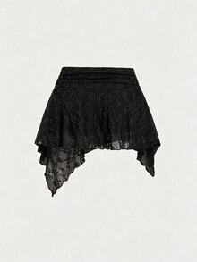Sweetra Women's New Fashion Versatile Asymmetric Slanted Hem Design Lace Pleated Low Waist Asymmetrical Skirt - Black - View 2