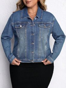 EMERY ROSE Áo khoác denim tay dài cài cúc co giãn phong cách tối giản size lớn - Rửa trung bình - Xem 5