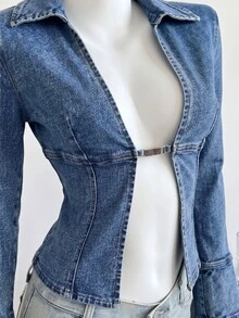 Elamini Women's Sexy Fashion Metal Decor Long Sleeve Denim Top - Blue - View 4