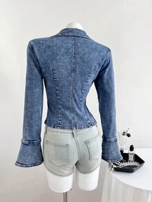 Elamini Women's Sexy Fashion Metal Decor Long Sleeve Denim Top - Blue - View 2
