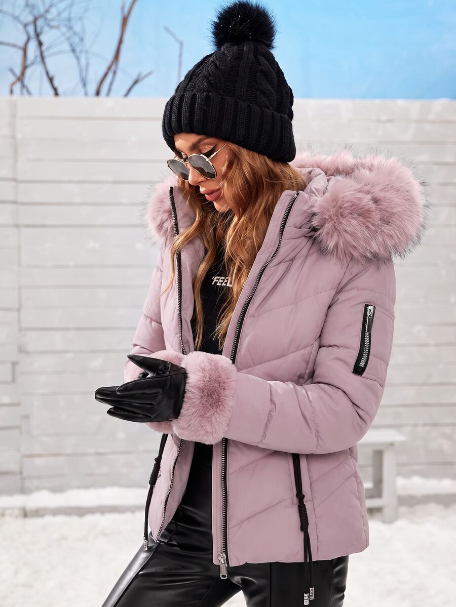 Anewsta Essential Jaket Musim Dingin Wanita Lengan Panjang dengan Resleting dan Hiasan Bulu serta Tudung - Purple - View 1