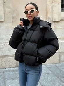 DAZY Jaket Musim Dingin Kasual Wanita Lengan Panjang Warna Polos dengan Resleting Depan dan Tudung - Hitam - View 3