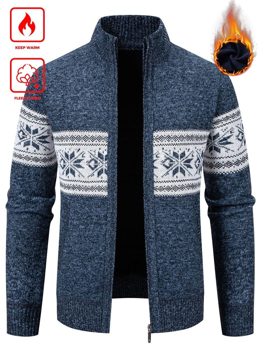 Manfinity Homme Cardigan Rajut Hangat Kasual Lengan Panjang dengan Resleting Motif Geometris untuk Pria - Grey - View 1