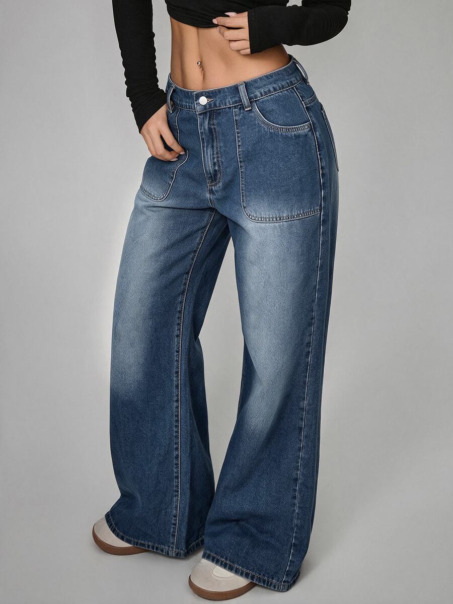 Rivivi Plus Size Women's Straight Leg Loose Casual Versatile Denim Jeans With Pockets - Blue - View 1