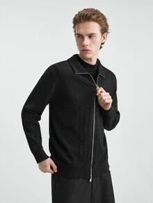 RONVEXI Men's Solid Color Long Sleeve Zip-Up Knit Cardigan - Black - View 2