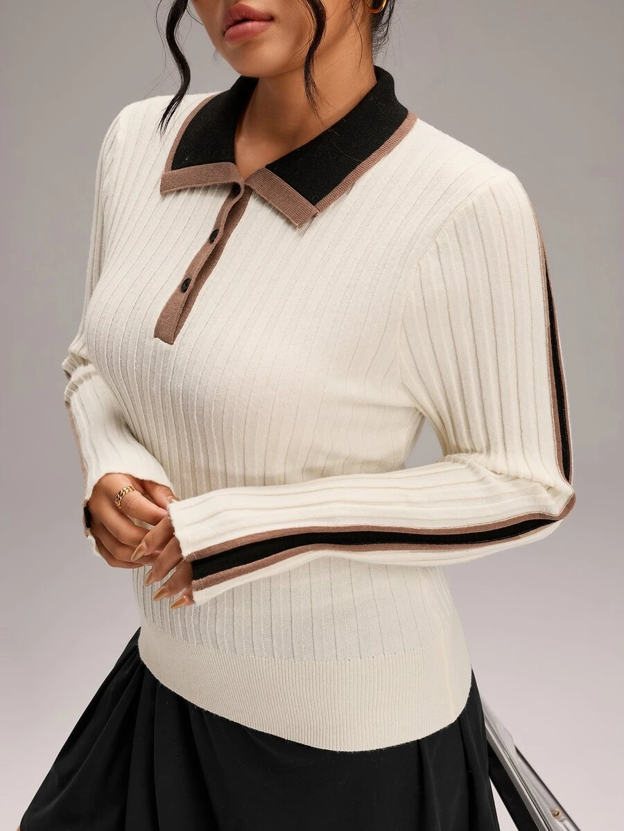 SHEIN BASICS Plus Size Women Colorblock Polo Collar Long Sleeve Casual Sweater Winter - White - View 1