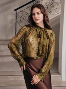 Anewsta Women's Autumn Lace Floral Vintage Green Minimalist Blouse - Army Green - View 3