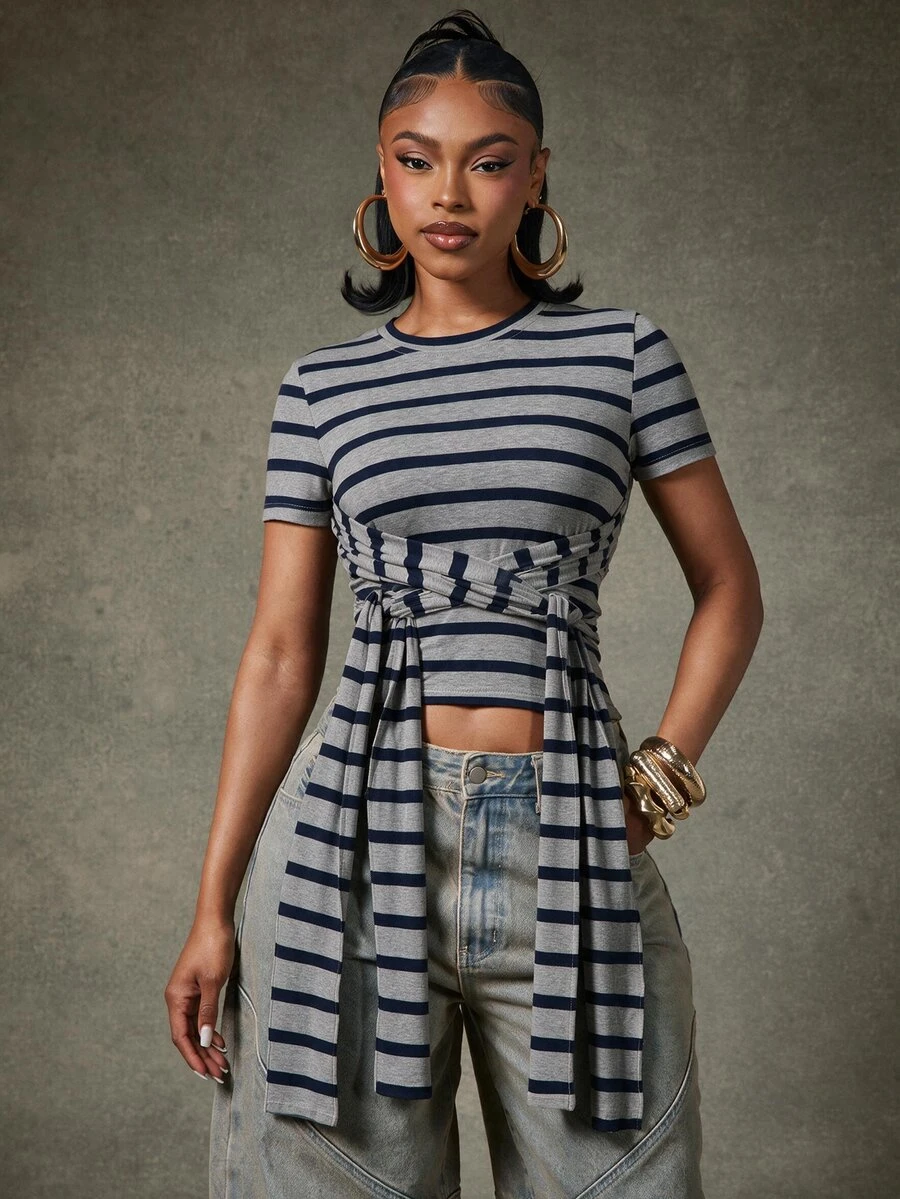 Denimoi Tie Front Stripe Top Fashion Tops Fashion Tshirt Everyday Wear Fashionable Streetwear - Dark Grey - View 1