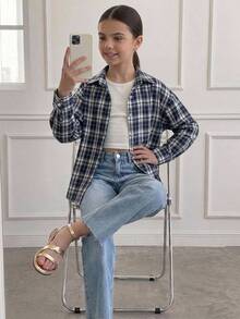 Dazy Kids 格紋長袖休閒寬鬆日常春秋女童襯衫 - 藏蓝色 - 查看 4