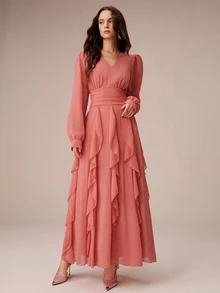 BELROSIE Lightweight Vacation Style Chiffon V-Neck Ruched Waist Ruffle Hem Long Sleeve Dress For Women - Orange - View 6