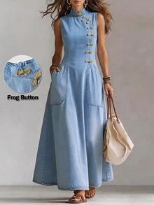 LUMIGAL Women's Casual Daily Summer Denim Dress With Pockets And Pleats - Blue - View 1