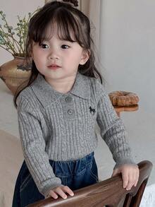 DAZY Baby Girl Button Half-Placket Embroidered Long Sleeve Sweater - Grey - View 3
