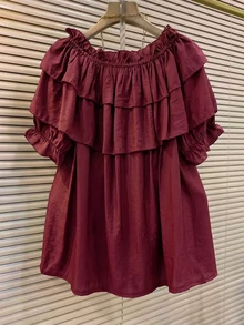 Franclia Kemeja Wanita Polos Berlipit Kasual Serbaguna untuk Pemakaian Sehari-hari - Burgundy - View 2