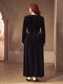 MOTF PREMIUM WOMEN'S PLUS SIZE PATCHWORK RHINESTONE TRIM LONG SLEEVE ELEGANT DRESS - Black - View 6