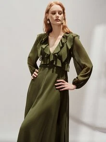 Aveloria Modichic European And American Style Autumn/Winter New Fashion Versatile Solid Color Chiffon V-Neck Elegant Commute Design Multi-Layer Ruffle Hem Women's Long Dress - Army Green - View 1
