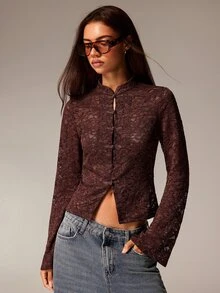 Athîral Women's Lace Fitted Versatile Daily Wear Long Sleeve Top - Brown - View 3