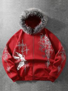 ROMWE MEN Goth 男士前衛天使圖案印花拉鍊長袖運動衫 - 紅色 - 查看 1