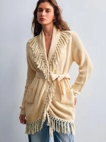Willow Rêve Women's Beige Bohemian Tassel Knit Cardigan, Bohemian Style - Apricot - View 1