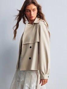 Willow Rêve Women's Short Double-Breasted Long Sleeve Khaki Trench Coat - Khaki - View 3