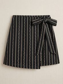 Freevana Women Boho Striped Floral Wrap Mini Skirt With Side Tie Knot And Asymmetrical Hemline - Black - View 7