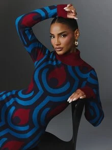 NYA SZN Knit Dress Maxi Retro Long Sleeve Color Block Holiday Festival Special Occasion Everyday Casual Work Concert Going Out Club Party Blue Fall Winter - Multicolor - View 1