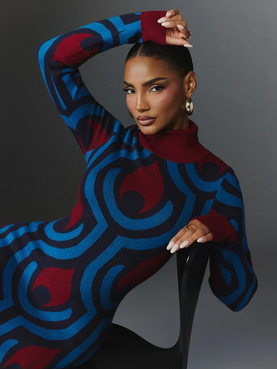 NYA SZN Knit Dress Maxi Retro Long Sleeve Color Block Holiday Festival Special Occasion Everyday Casual Work Concert Going Out Club Party Blue Fall Winter - Multicolor - View 1