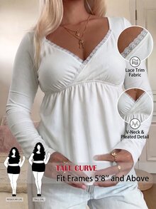 SHEIN Tall CURVE Plus Size Women's Solid Color Contrast Lace Sweetheart Neck Long Sleeve Fashion T-Shirt Fall - White - View 1