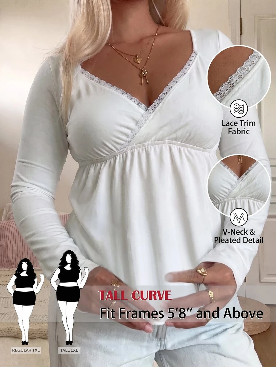 SHEIN Tall CURVE Plus Size Women's Solid Color Contrast Lace Sweetheart Neck Long Sleeve Fashion T-Shirt Fall - White - View 1