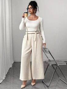 Elenzga Plus Size Colorblock Woven Wide Leg Overalls With Wide Strap, Button Detail At Waist Connection, Fashionable Retro Casual Commute Vacation Pastoral Style Jumpsuit - Apricot - View 1