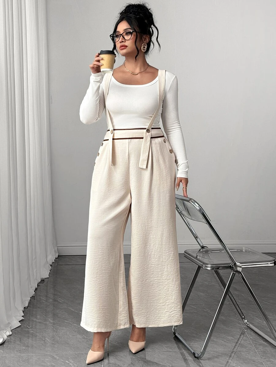 Elenzga Plus Size Colorblock Woven Wide Leg Overalls With Wide Strap, Button Detail At Waist Connection, Fashionable Retro Casual Commute Vacation Pastoral Style Jumpsuit - Apricot - View 1