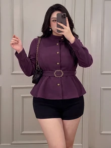 Vibekara Napoleon Style Plus Size Women's Casual Minimalist Commuter Woven Purple Autumn/Winter Wool - Purple - View 4