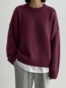 DAZY Solid Color Pullover Sweater, Minimalist Casual Daily Wear, Campus Commute Style - Red Violet - View 2
