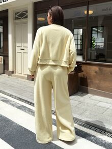 Muchica Plus Size V-Neck Long Sleeve Single-Breasted Top With Pocket And Solid Color Pants 2 Pieces Set - Yellow - View 2