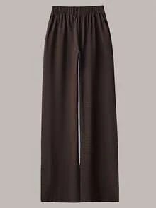 SHEIN LUNE 大尺碼女款休閒兩件套，純色捲袖單排扣休閒通勤襯衫搭配高腰寬鬆寬腿長褲 - 咖啡棕 - 查看 8